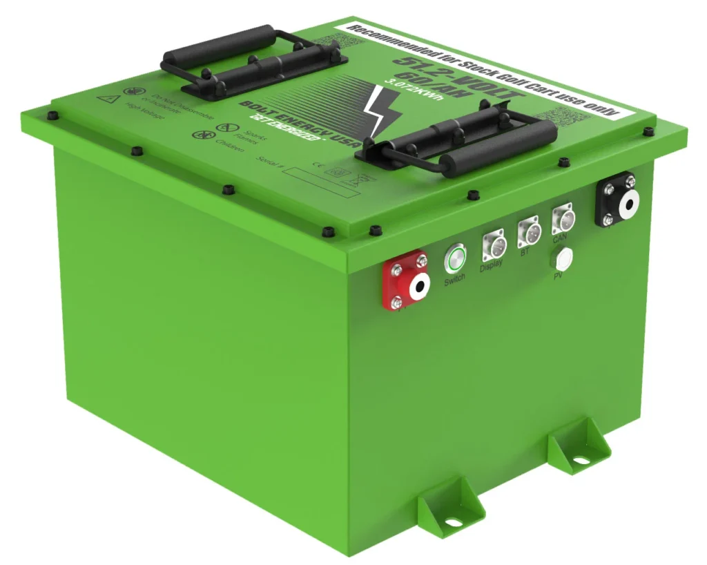 Side view of the Bolt Energy 48V battery displaying the hookups and switch. We consider this model to be on of the best golf cart battery options out there.