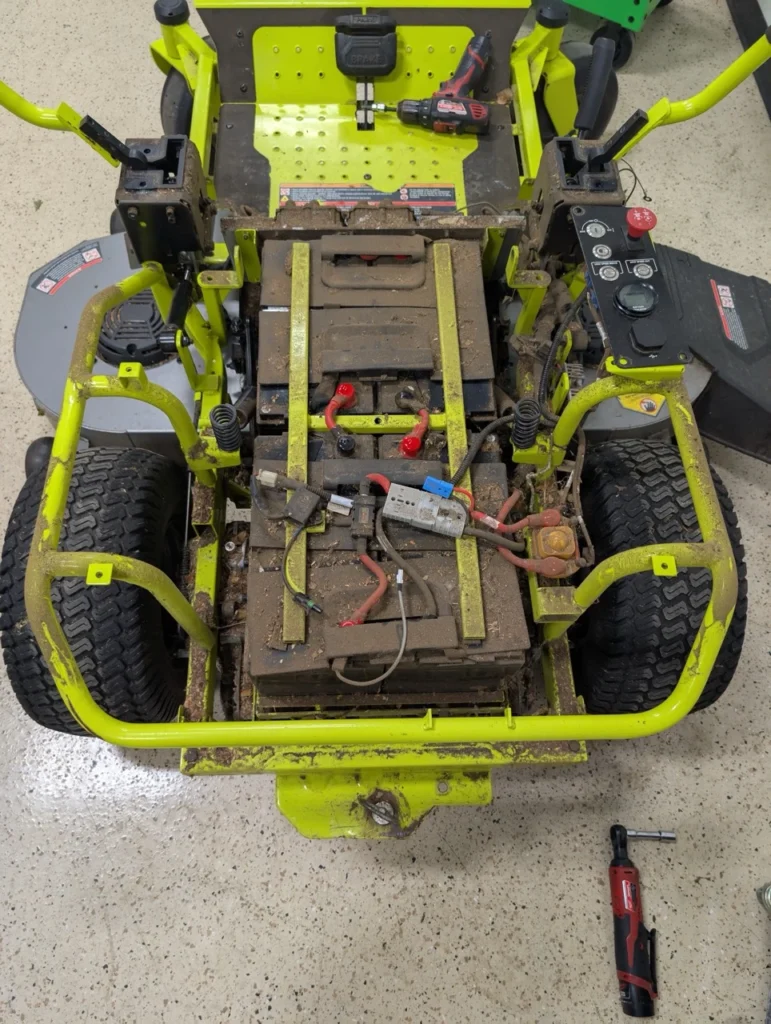 These pictures depict the BEST Battery team performing a Ryobi Zero-Turn Mower Battery Upgrade on a ZT540e model zero-turn mower.