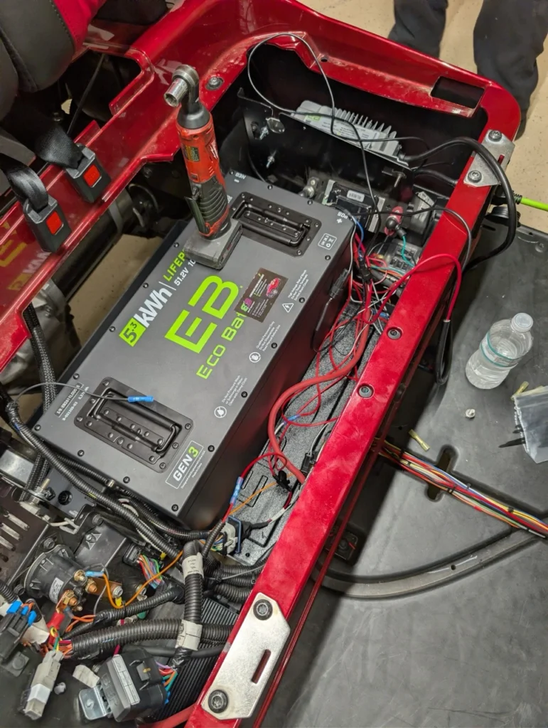 Half way through the installation, one of two 105Ah batteries.