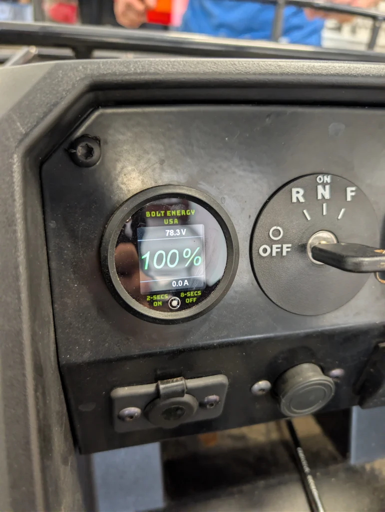 The Bolt Energy USA state of charge meter visible on the dashboard of the Bad Boy Buggy.