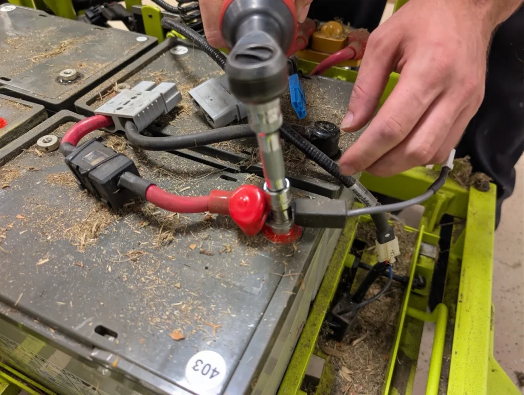 Removing all 4 lead acid batteries before re-installing our brand new lithium battery.
